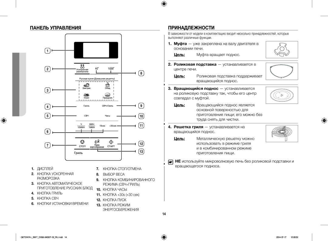 Samsung GE731KR-L/BWT manual Панель Управления, Принадлежности, Роликовая подставка устанавливается в, Цель 