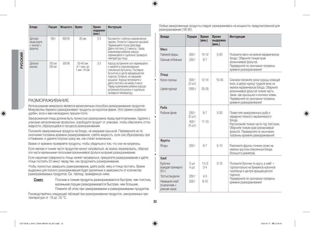 Samsung GE731KR-L/BWT manual Размораживание 