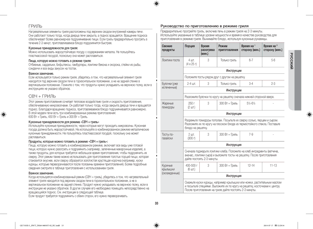 Samsung GE731KR-L/BWT manual СВЧ + Гриль, Руководство по приготовлению в режиме гриля 