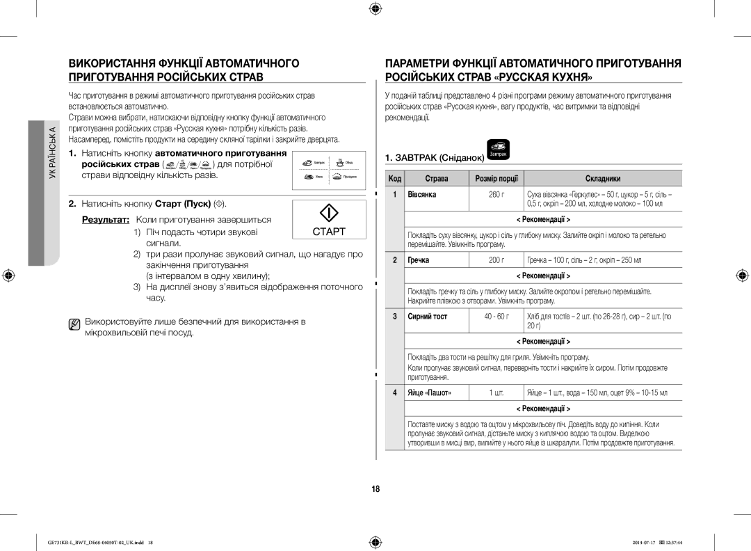 Samsung GE731KR-L/BWT manual Код Страва, Складники, Вівсянка, Рекомендації, Гречка, Сирний тост 