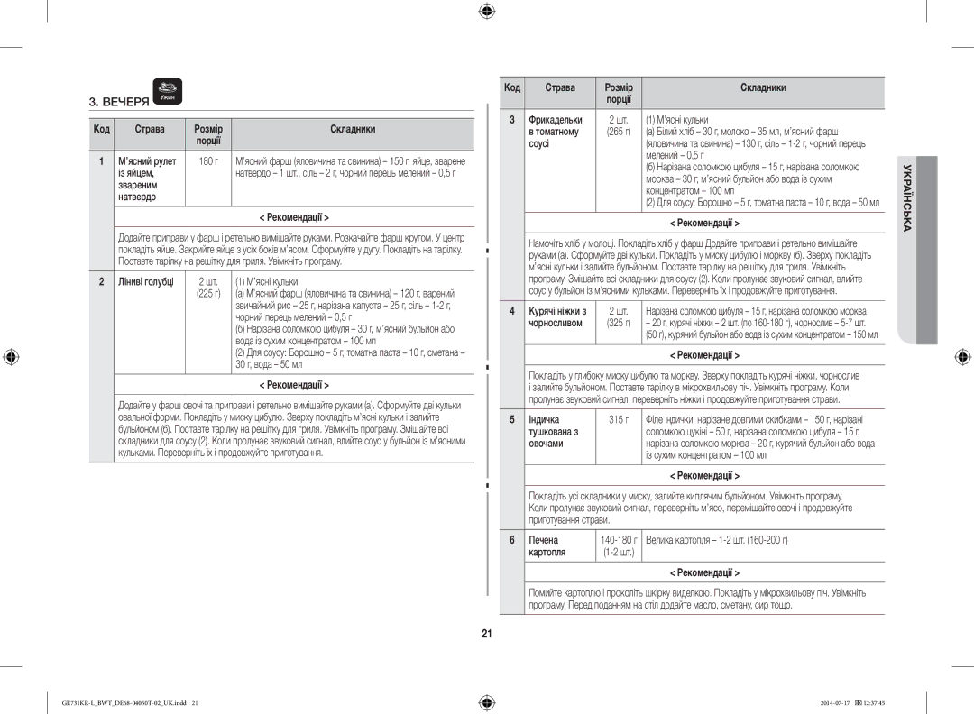 Samsung GE731KR-L/BWT manual Код Страва Розмір Складники, Із яйцем, Звареним Натвердо Рекомендації 