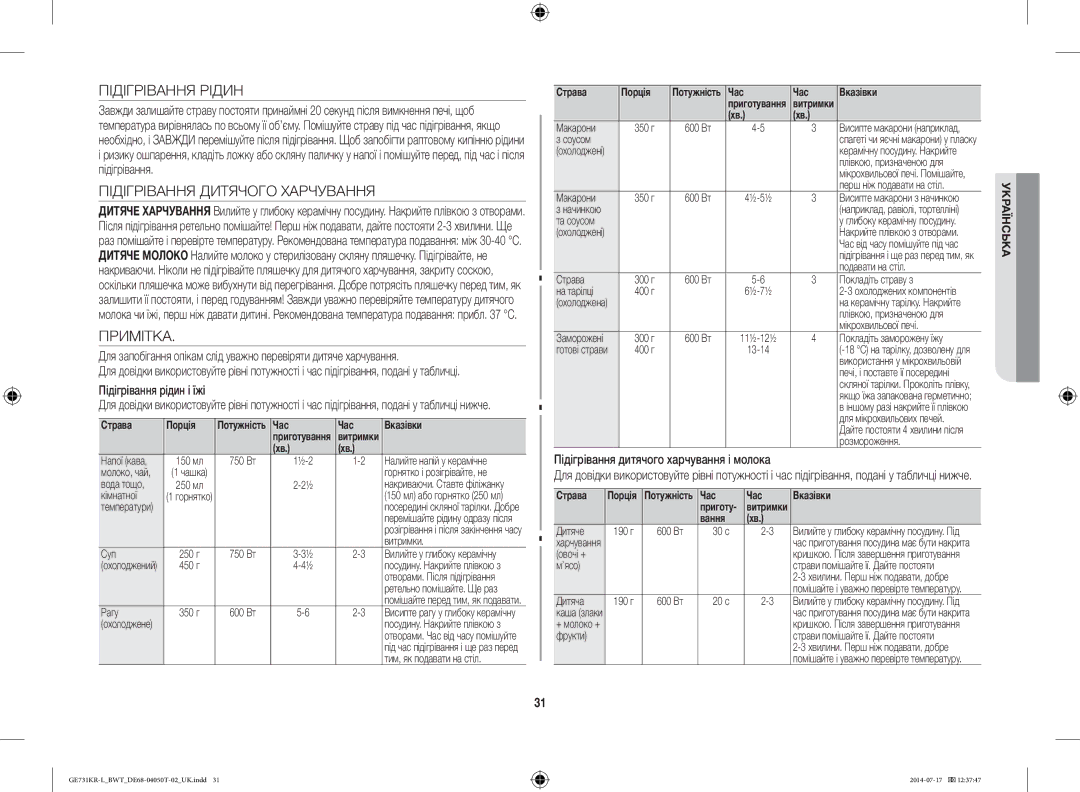 Samsung GE731KR-L/BWT manual Підігрівання Рідин, Підігрівання Дитячого Харчування, Примітка, Підігрівання рідин і їжі 