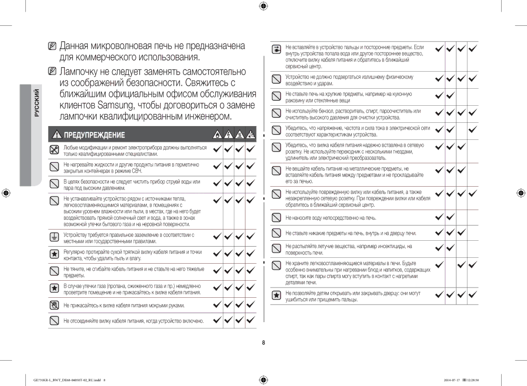 Samsung GE731KR-L/BWT manual Предупреждение 