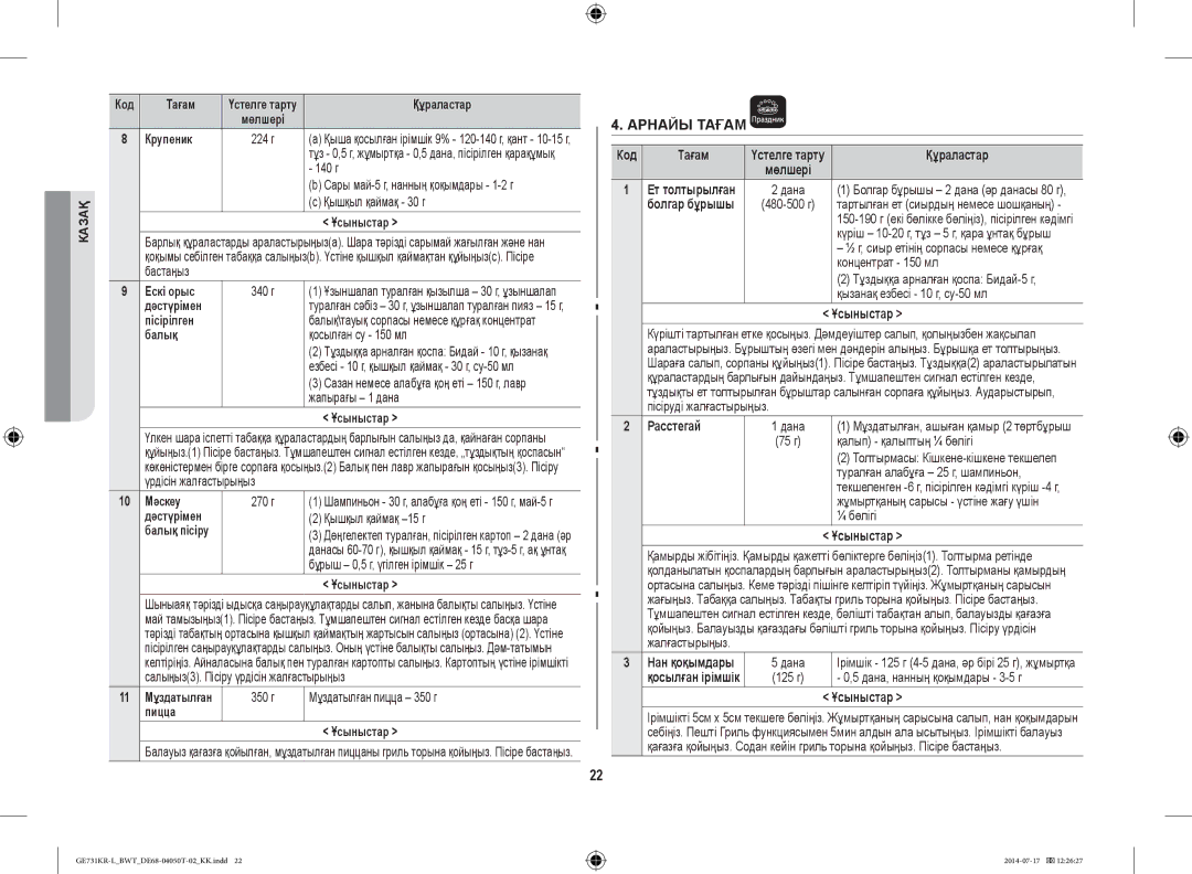 Samsung GE731KR-L/BWT manual Крупеник, 140 г, Қышқыл қаймақ 30 г, Ескі орыс, Дәстүрімен, Балық, 10 Мәскеу, Пицца Ұсыныстар 