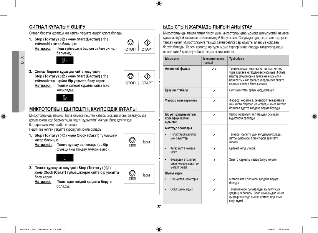 Samsung GE731KR-L/BWT manual Сигнал Құралын Өшіру, Микротолқынды Пештің Қауіпсіздік Құралы, Ыдыстың Жарамдылығын Анықтау 