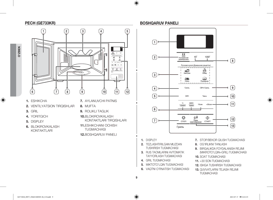 Samsung GE731KR/BWT manual Pech GE733KR Boshqaruv Paneli 