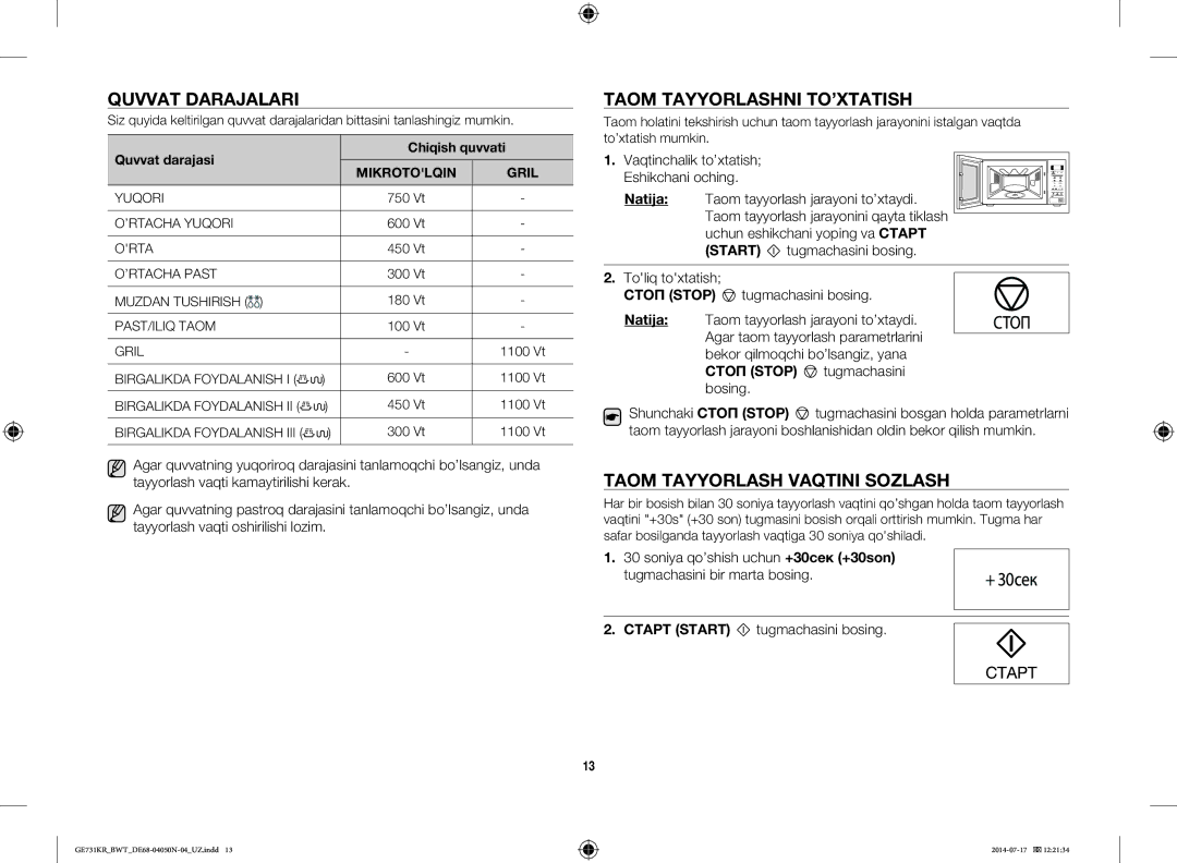 Samsung GE731KR/BWT manual Quvvat Darajalari, Taom Tayyorlashni TO’XTATISH, Taom Tayyorlash Vaqtini Sozlash 