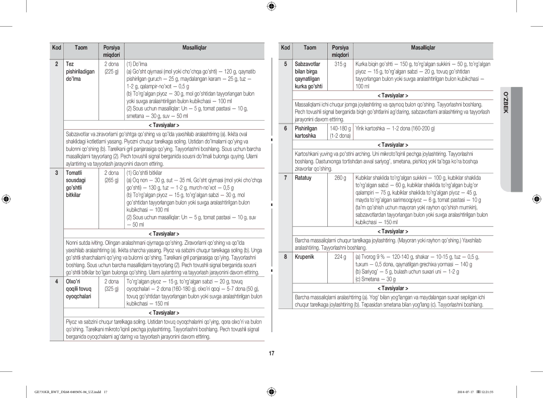 Samsung GE731KR/BWT manual Bilan birga, 100 ml 