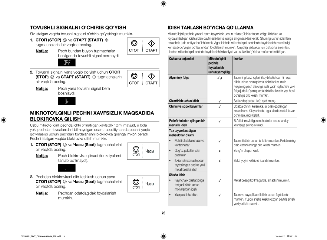 Samsung GE731KR/BWT manual Tovushli Signalni O’CHIRIB QO’YISH, Idish Tanlash BO’YICHA QO’LLANMA 