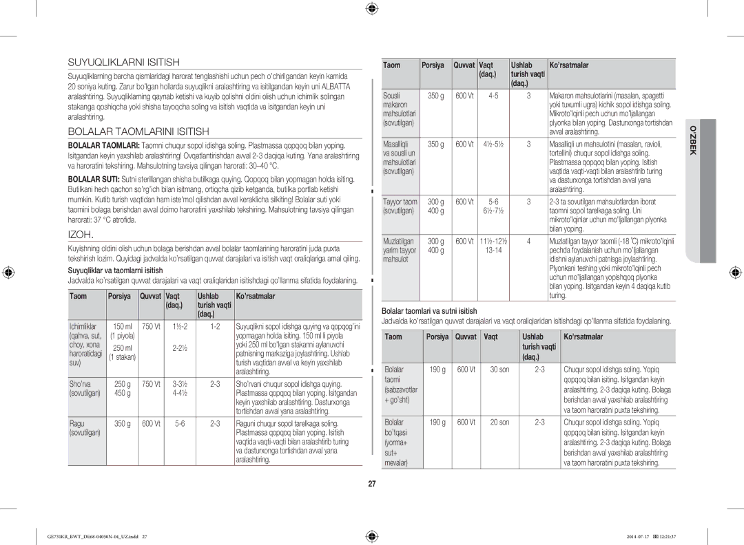 Samsung GE731KR/BWT manual Suyuqliklarni Isitish, Bolalar Taomlarini Isitish, Izoh, Vaqt Ushlab Ko’rsatmalar 