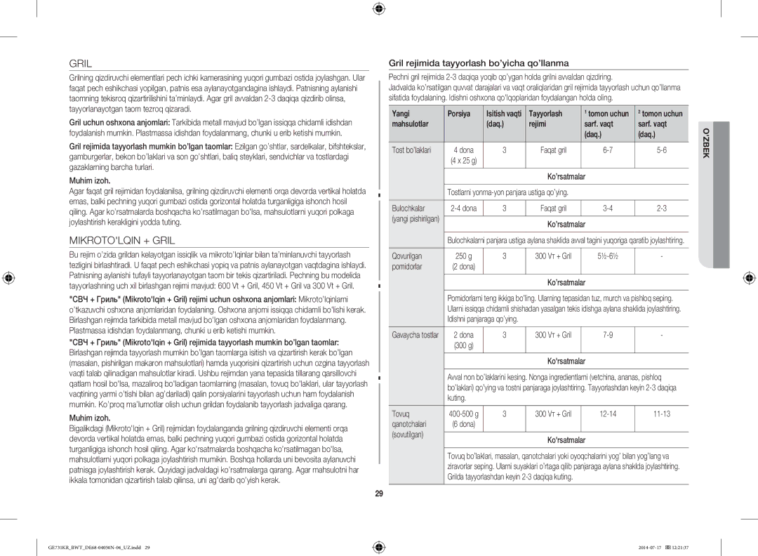 Samsung GE731KR/BWT manual Mikrotolqin + Gril, Gril rejimida tayyorlash bo’yicha qo’llanma 
