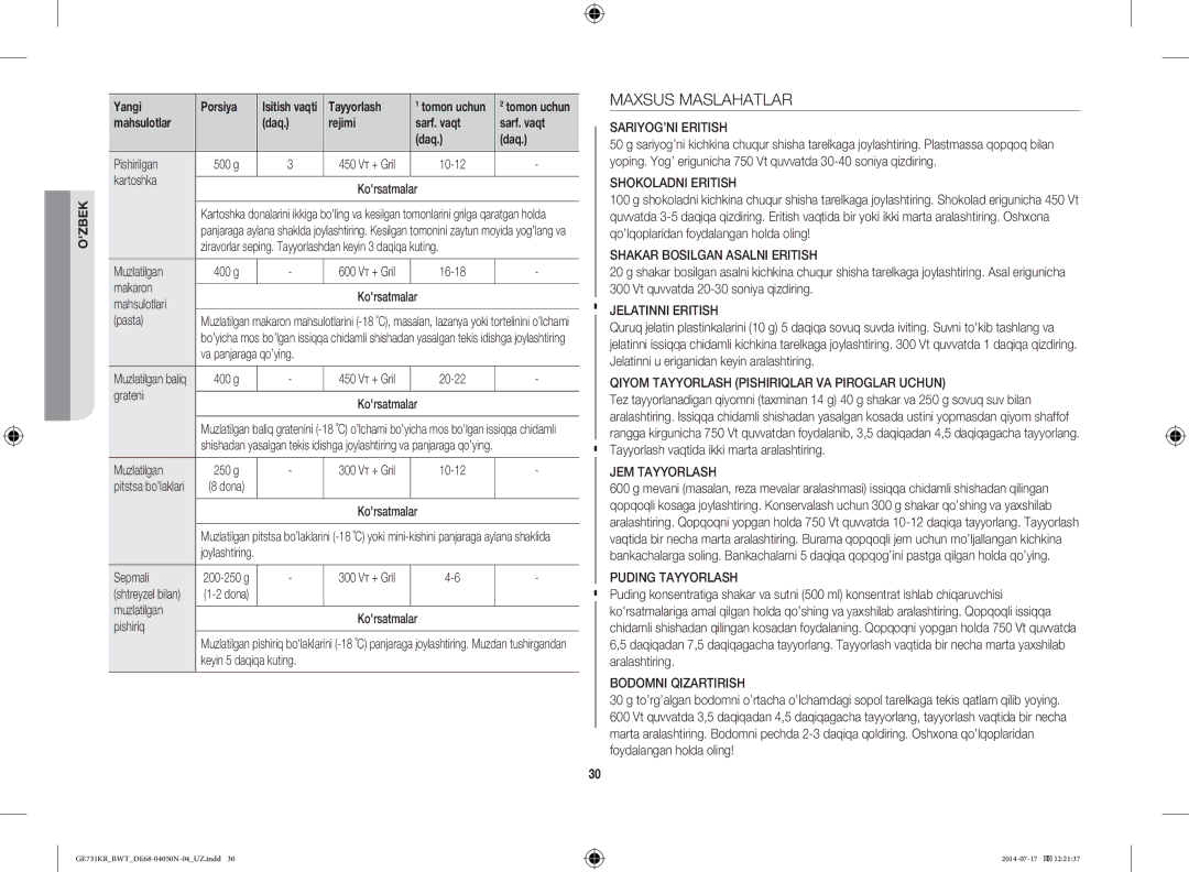 Samsung GE731KR/BWT manual Maxsus Maslahatlar 