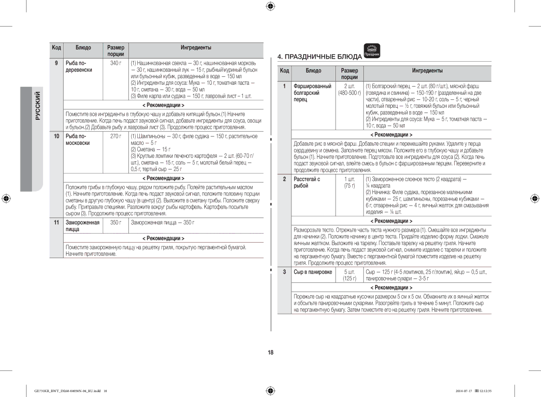 Samsung GE731KR/BWT manual Праздничные Блюда 