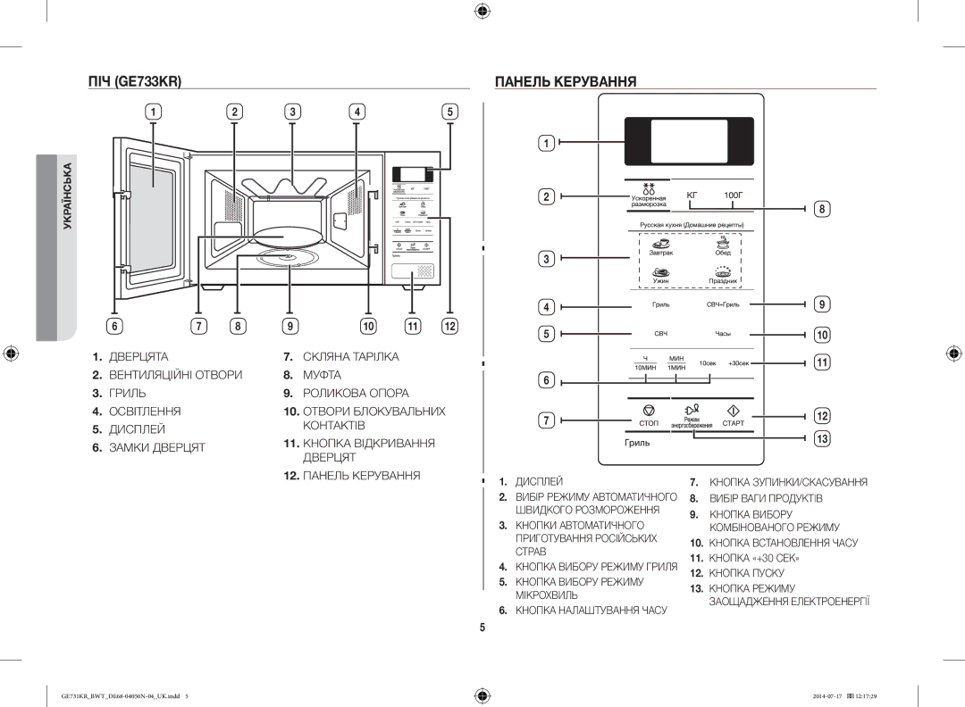 Samsung GE731KR/BWT manual ПІЧ GE733KR Панель Керування, 11. Кнопка «+30 СЕК» 