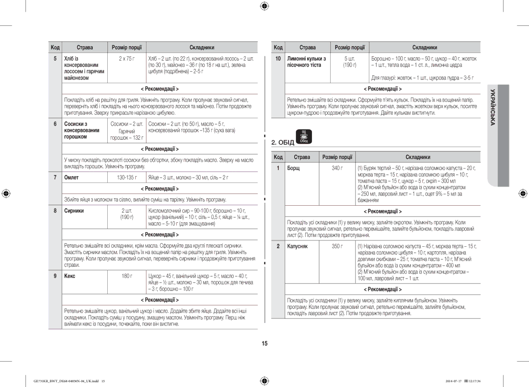 Samsung GE731KR/BWT manual Обід, Сосиски з, Сирники, Кекс 180 г, Борошно 100 г 