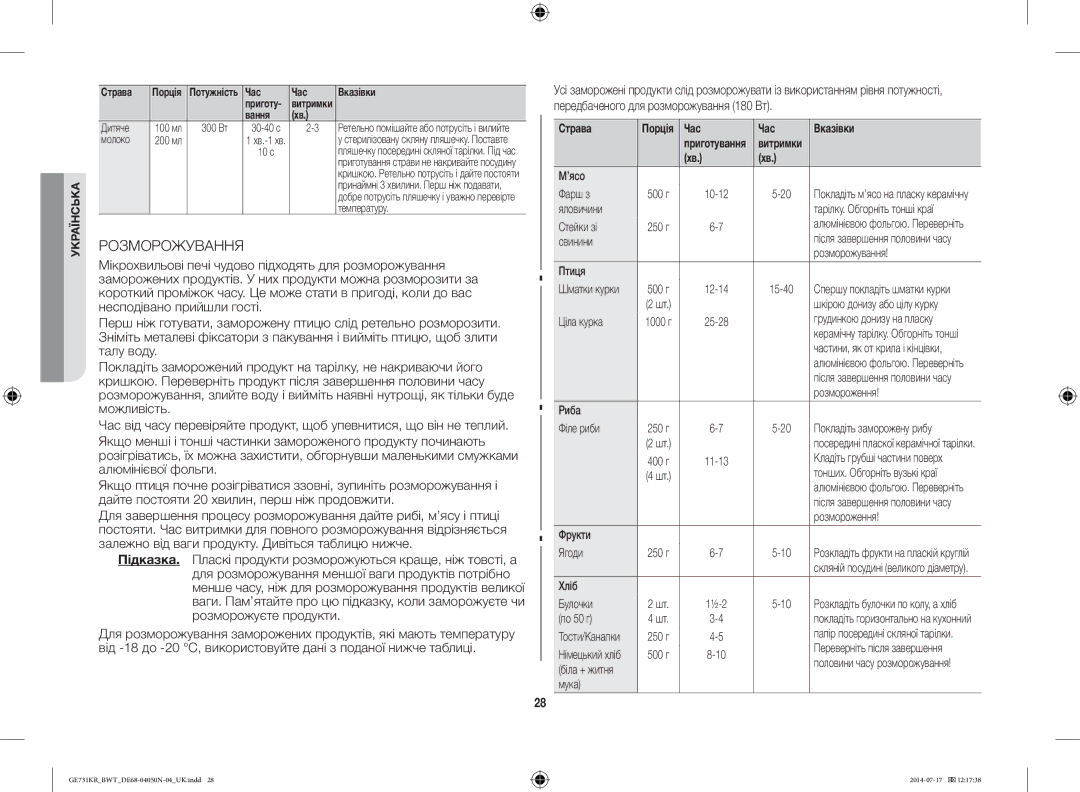 Samsung GE731KR/BWT manual Розморожування 