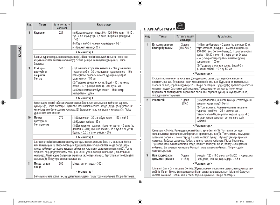 Samsung GE731KR/BWT manual Крупеник, 140 г, Қышқыл қаймақ 30 г, Ескі орыс, Дәстүрімен, Балық, 10 Мәскеу, Пицца Ұсыныстар 