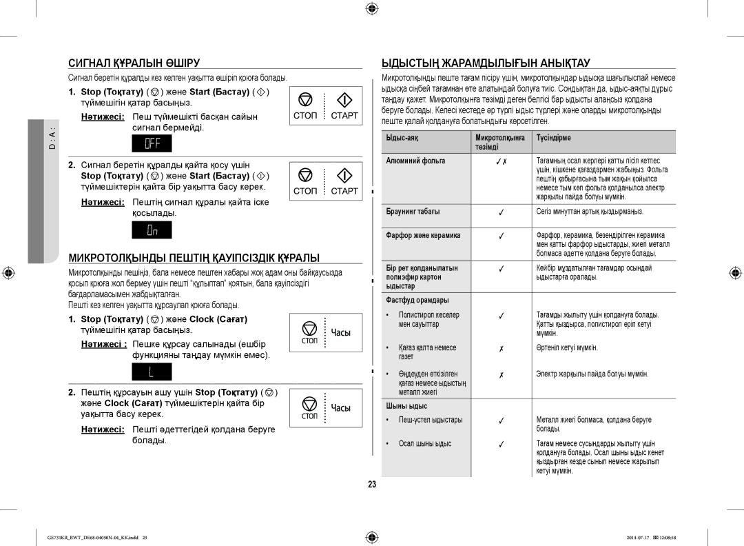 Samsung GE731KR/BWT manual Сигнал Құралын Өшіру, Микротолқынды Пештің Қауіпсіздік Құралы, Ыдыстың Жарамдылығын Анықтау 