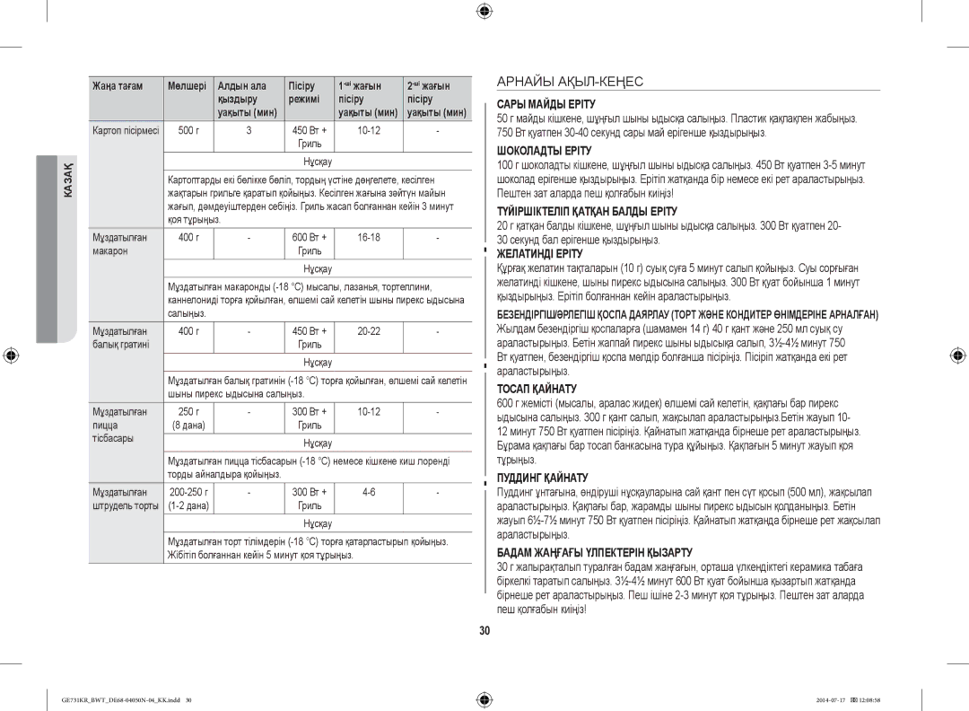 Samsung GE731KR/BWT manual Арнайы АҚЫЛ-КЕҢЕС, Алдын ала Пісіру Шіжағын Қыздыру Режимі, Қоя тұрыңыз Мұздатылған, Тісбасары 