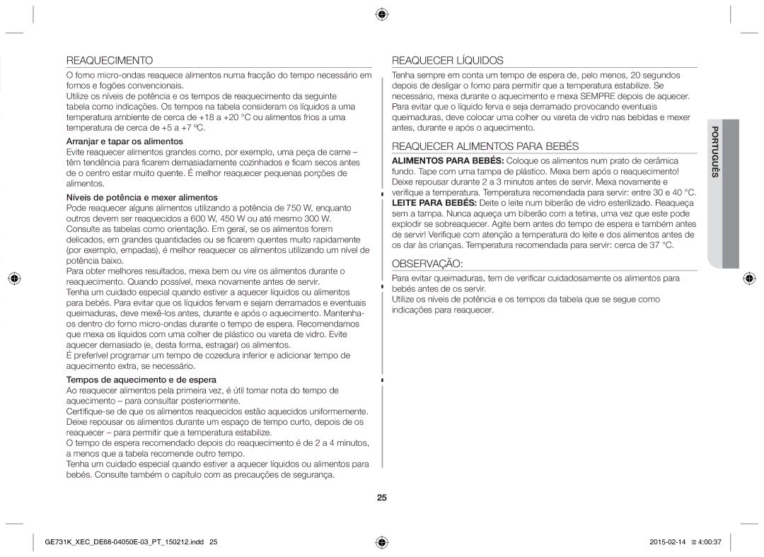 Samsung GE731K/XEC manual Reaquecimento, Reaquecer Líquidos, Reaquecer Alimentos Para Bebés, Observação 