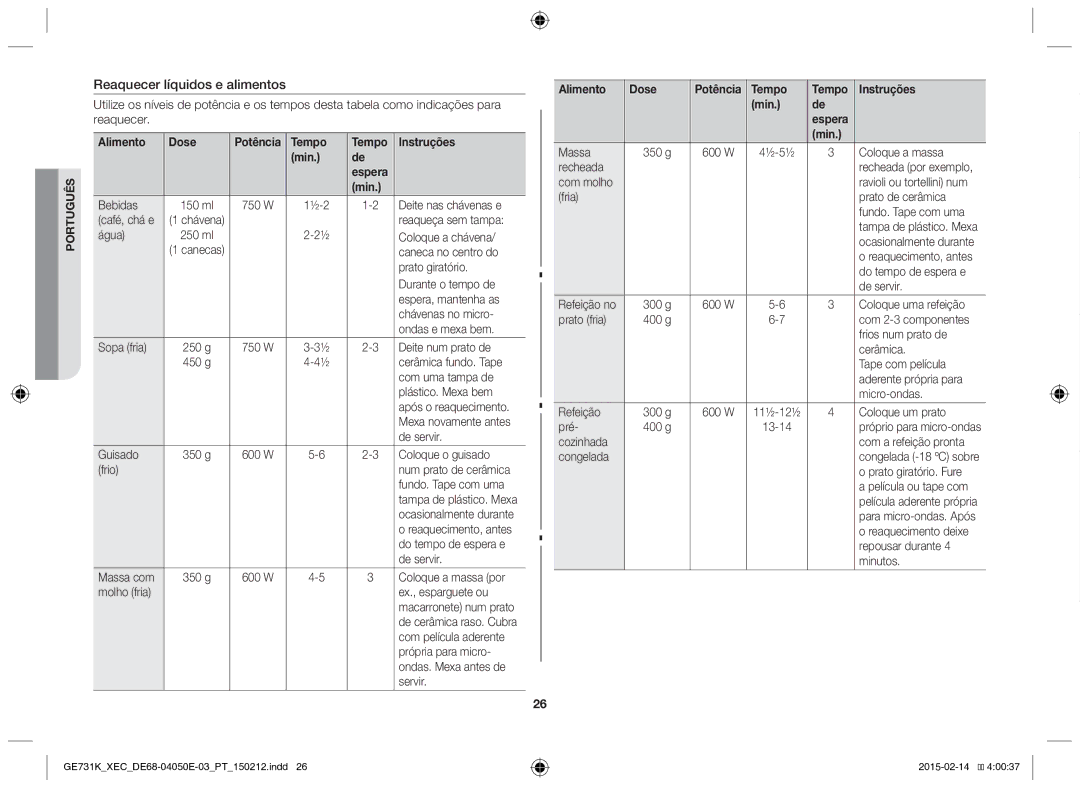 Samsung GE731K/XEC manual Reaquecer líquidos e alimentos, Alimento Dose, Tempo Instruções Min Espera 