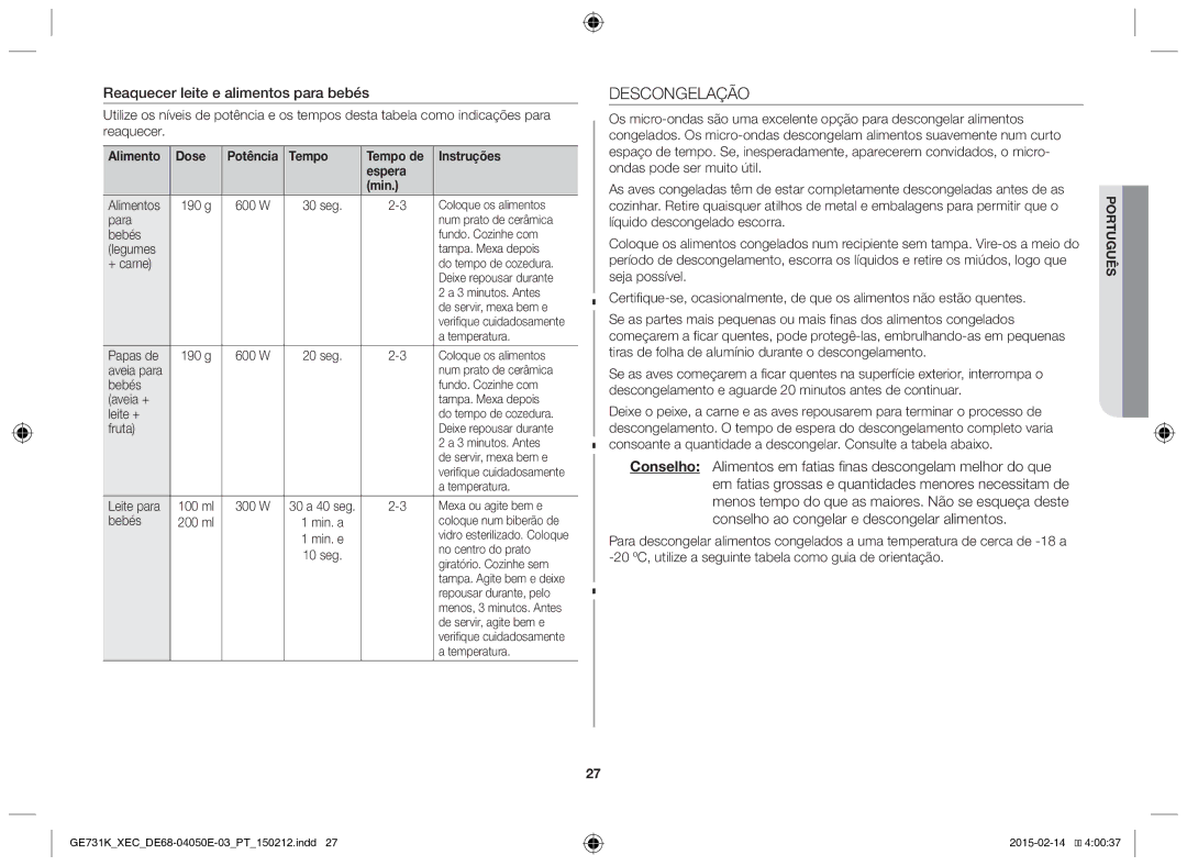 Samsung GE731K/XEC manual Descongelação, Reaquecer leite e alimentos para bebés, Tempo Tempo de Instruções 