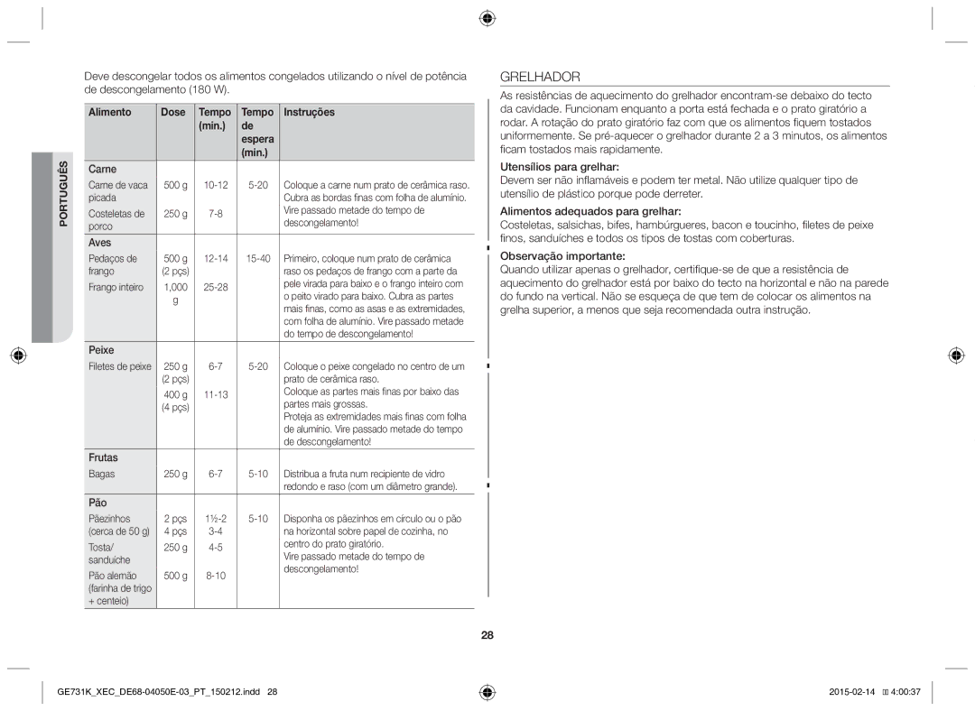 Samsung GE731K/XEC manual Grelhador, Alimento Dose Tempo Instruções Min Espera, Pão 