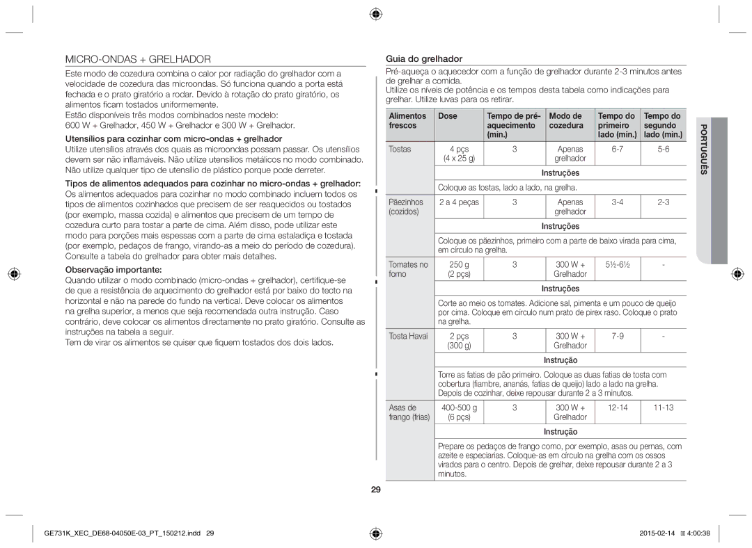 Samsung GE731K/XEC manual MICRO-ONDAS + Grelhador, Guia do grelhador 