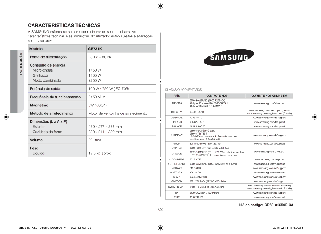 Samsung GE731K/XEC manual Características técnicas, Dúvidas OU Comentários 