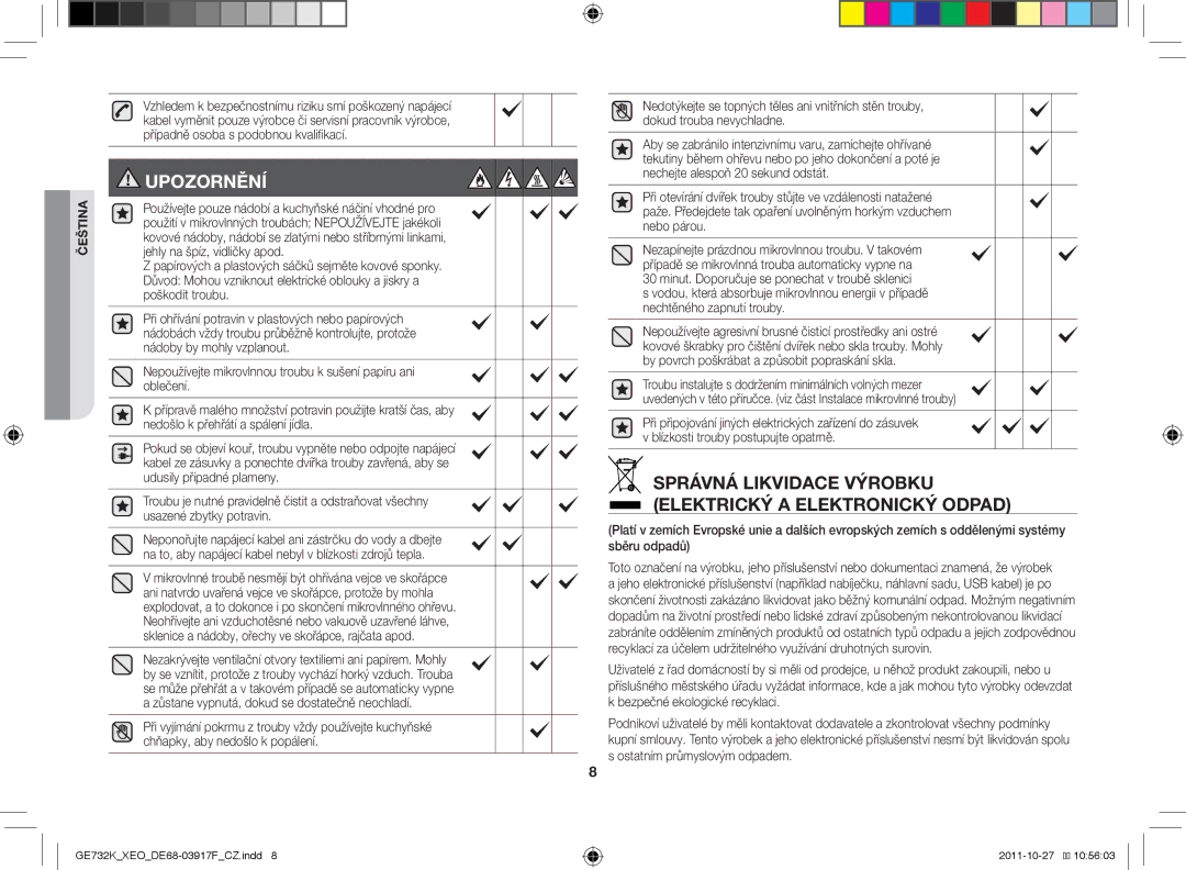 Samsung GE732K-B/XEO manual Upozornění, Správná likvidace výrobku Elektrický a elektronický odpad 