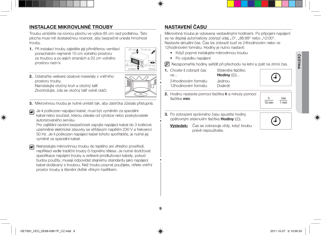 Samsung GE732K-B/XEO manual Instalace mikrovlnné trouby, Nastavení času, Hodiny 