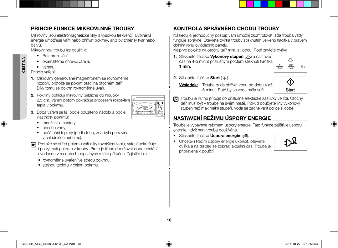 Samsung GE732K-B/XEO Princip funkce mikrovlnné trouby, Kontrola správného chodu trouby, Nastavení režimu úspory energie 