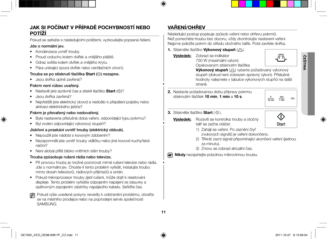 Samsung GE732K-B/XEO manual Jak si počínat v případě pochybností nebo potíží, Vaření/Ohřev 