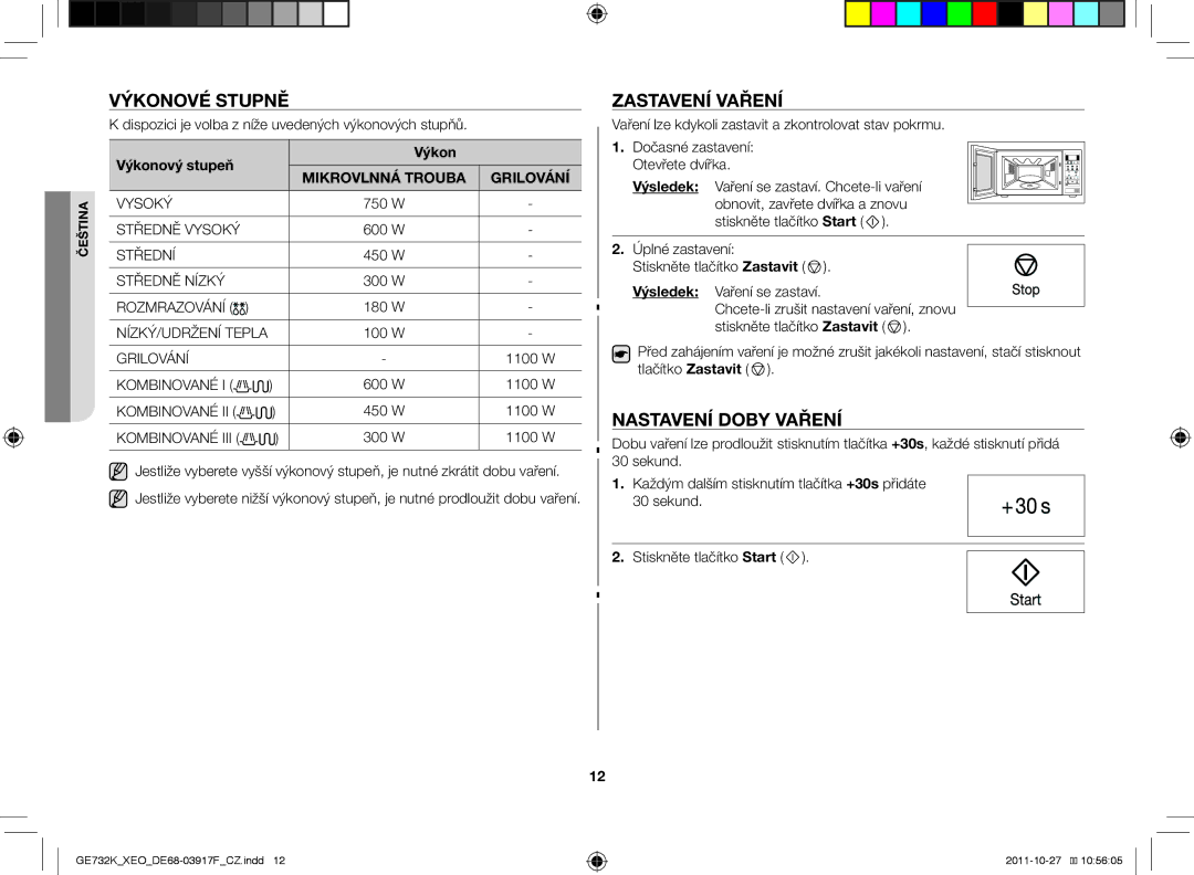 Samsung GE732K-B/XEO manual Výkonové stupně, Zastavení vaření, Nastavení doby vaření 