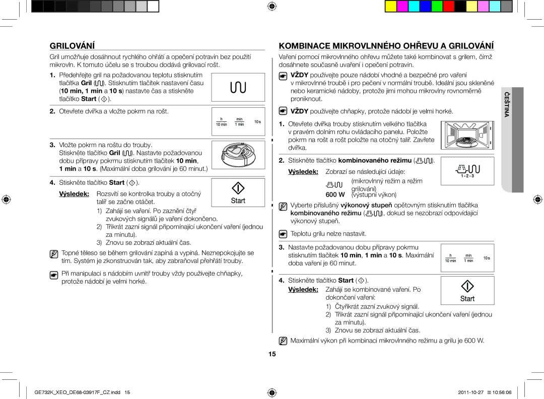 Samsung GE732K-B/XEO manual Grilování, Kombinace mikrovlnného ohřevu a grilování 