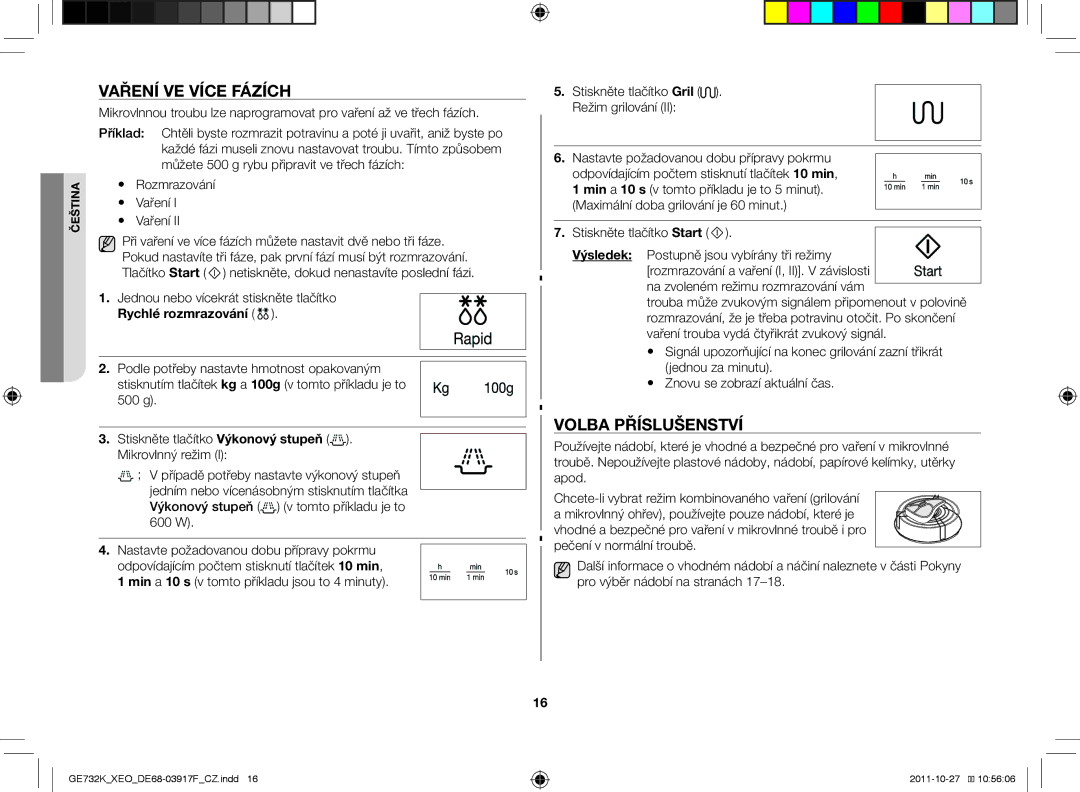 Samsung GE732K-B/XEO manual Vaření ve více fázích, Volba příslušenství, Jednou nebo vícekrát stiskněte tlačítko 