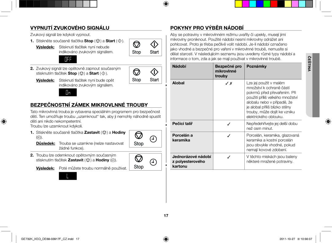 Samsung GE732K-B/XEO manual Vypnutí zvukového signálu, Bezpečnostní zámek mikrovlnné trouby, Pokyny pro výběr nádobí 