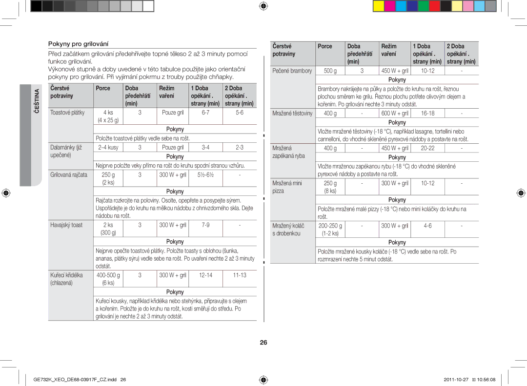 Samsung GE732K-B/XEO manual Čerstvé Porce Doba Režim Potraviny, Vaření Opékání Min 