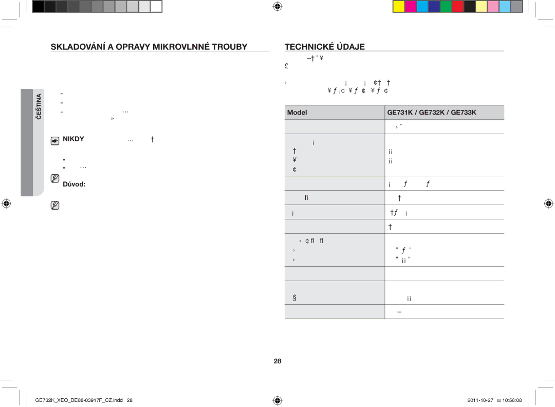 Samsung GE732K-B/XEO manual Skladování a opravy mikrovlnné trouby, Technické údaje 