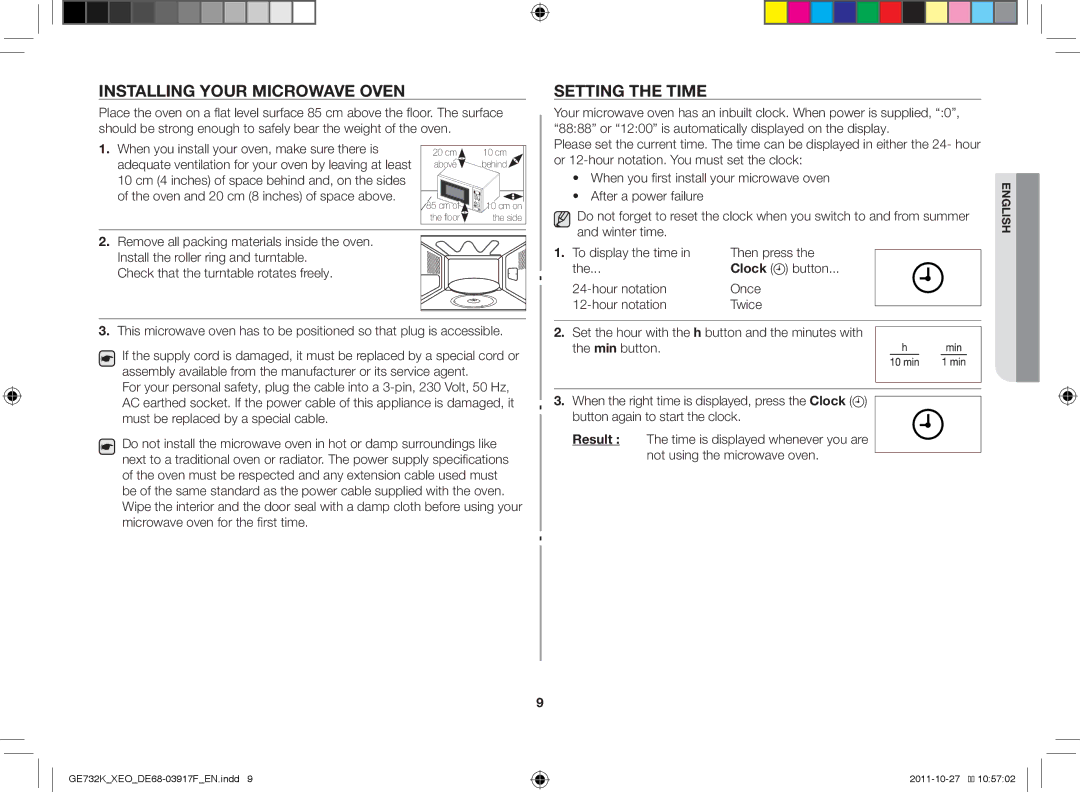 Samsung GE732K-B/XEO manual Installing your microwave oven, Setting the time 