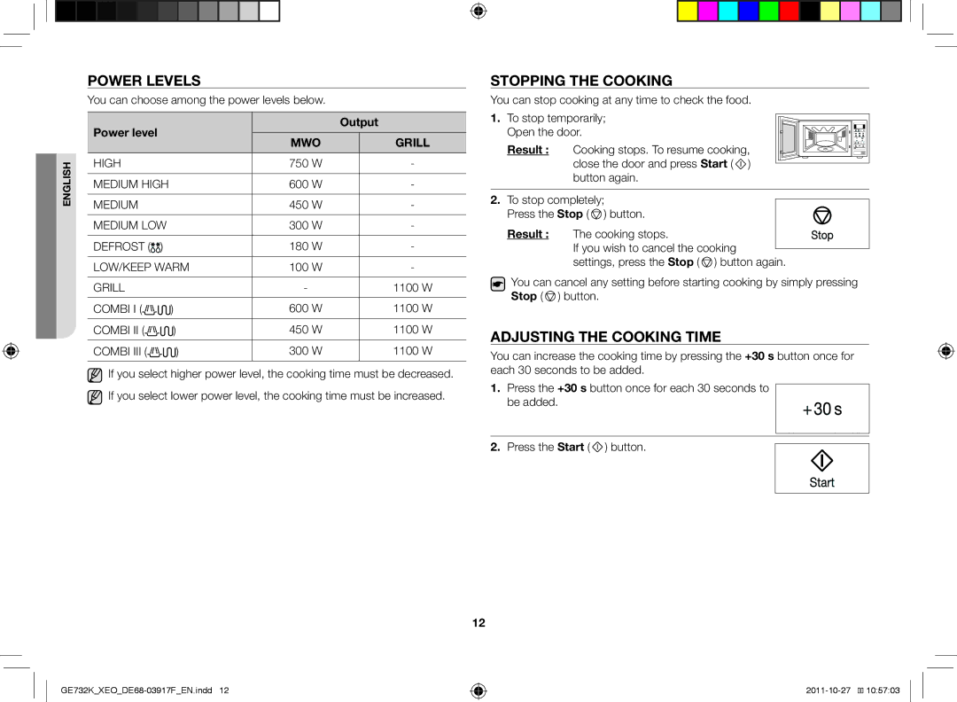 Samsung GE732K-B/XEO manual Power levels, Stopping the cooking, Adjusting the cooking time, Output 