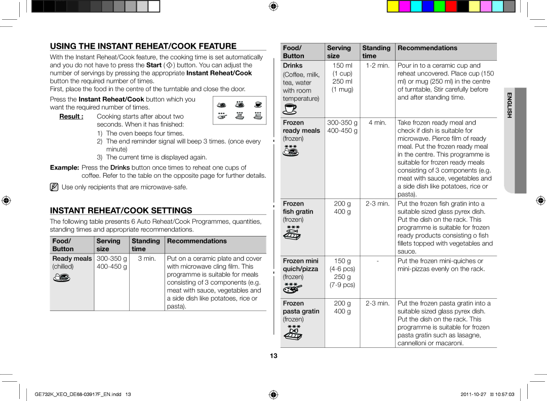 Samsung GE732K-B/XEO manual Using the instant reheat/cook feature, Instant reheat/cook settings 