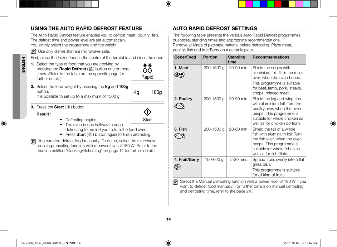 Samsung GE732K-B/XEO manual Using the auto rapid defrost feature, Auto rapid defrost settings 