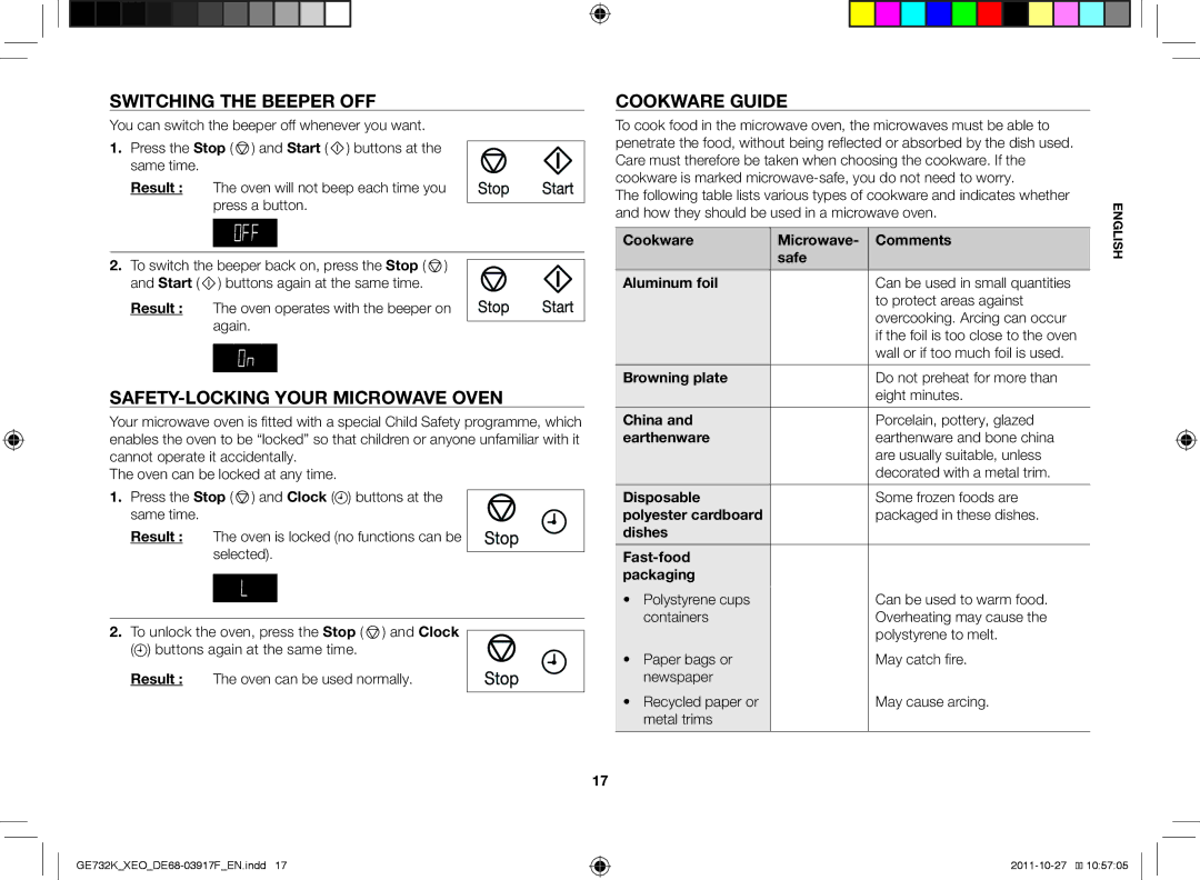 Samsung GE732K-B/XEO manual Switching the beeper off, Safety-locking your microwave oven, Cookware guide 