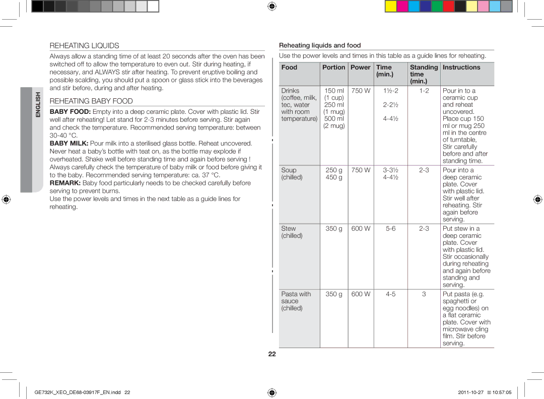 Samsung GE732K-B/XEO manual Reheating Liquids, Reheating Baby Food 