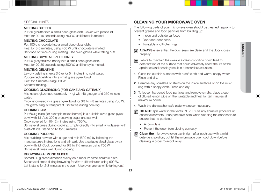 Samsung GE732K-B/XEO manual Cleaning your microwave oven, Special Hints, Stir several times well during cooking 