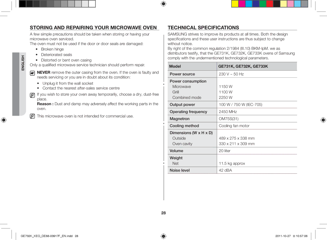 Samsung GE732K-B/XEO Storing and repairing your microwave oven, Technical specifications, Model GE731K, GE732K, GE733K 