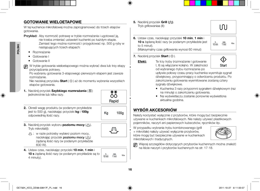 Samsung GE732K-B/XEO manual Gotowanie wieloetapowe, Wybór akcesoriów 