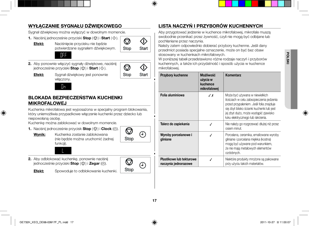 Samsung GE732K-B/XEO manual Wyłączanie sygnału dźwiękowego, Blokada bezpieczeństwa kuchenki mikrofalowej 