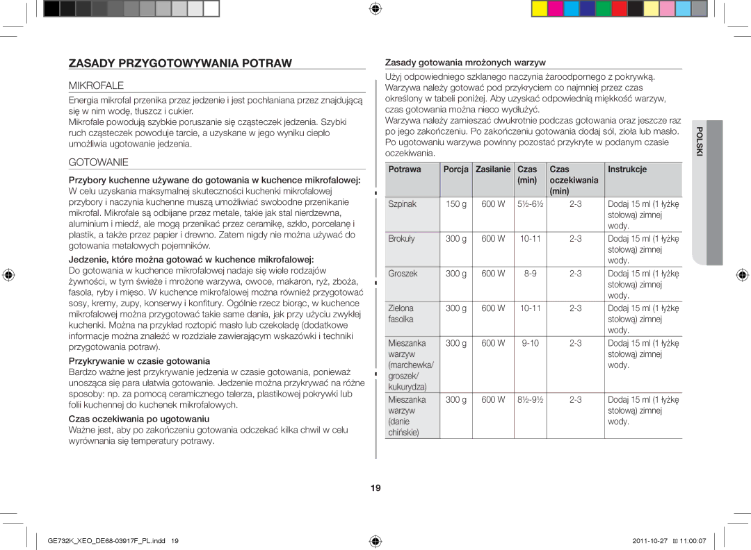 Samsung GE732K-B/XEO manual Zasady przygotowywania potraw, Mikrofale, Gotowanie, Potrawa Porcja, Czas Instrukcje Min 